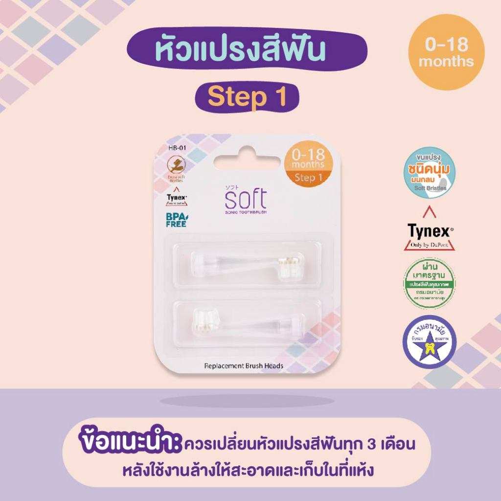 หัวแปรงสีฟันสำหรับแปรงสีฟัน 2 ชิ้น SOFT ขนาด 0-1.5 ขวบ Step 1