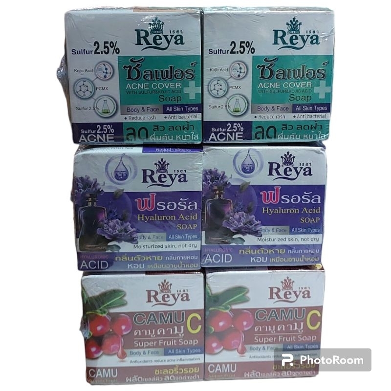Reya เรยาสบู่ซัลเฟอร์แอคเน่โคเวอร์, ฟรอรัลไฮยาลูรอนแอซิด หรือ คามูคามู ขนาด 153กรัม/ก้อน (แพค 6ก้อน)