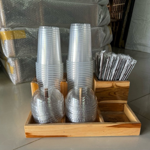 กล่องใส่แก้วกาแฟ ไม้สัก ที่ใส่แก้ว เสียบฝา หลอด แก้ว พร้อมส่ง