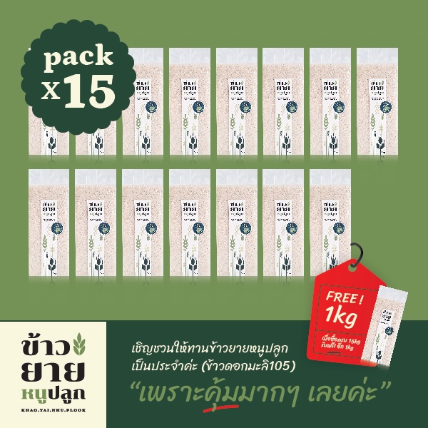 [ฟรี 1kg] โปร 15kg แถม1kg !! ข้าวสารดอกมะลิ105 ข้าวยายหนูปลูก ขนาด 1 กิโลกรัม จำนวน 15ถุง แถมฟรี! 1kg