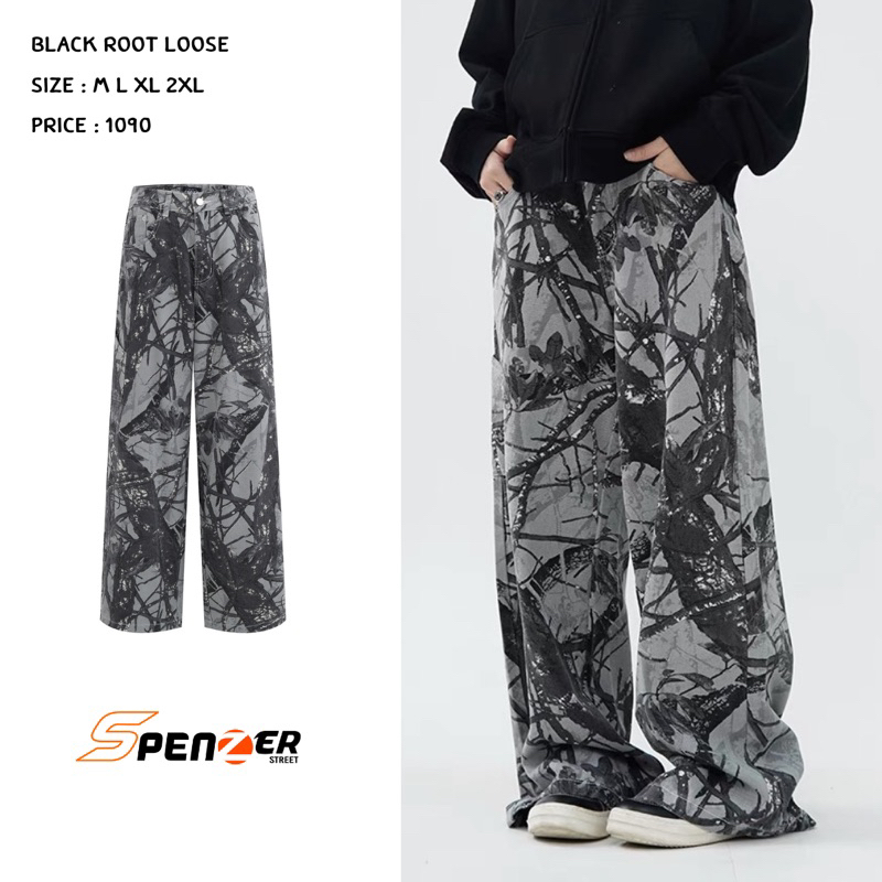 [พร้อมส่ง] Spenzer.street | Black root loose กางเกงทรงกระบอก เสื้อผ้าสตรีท เนื้อผ้าดี คุณภาพแน่น ฮิต unisex 2024 ขายดี