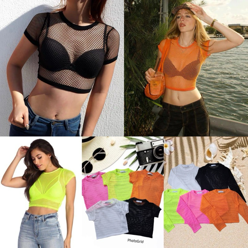 mnv_shop Crop-top คอกลม แขนยาว ผ้าตาข่ายยืด นุ่มใส่สะบาย ยืดเยอะ ใส่แล้วไม่คัน(psshop4)