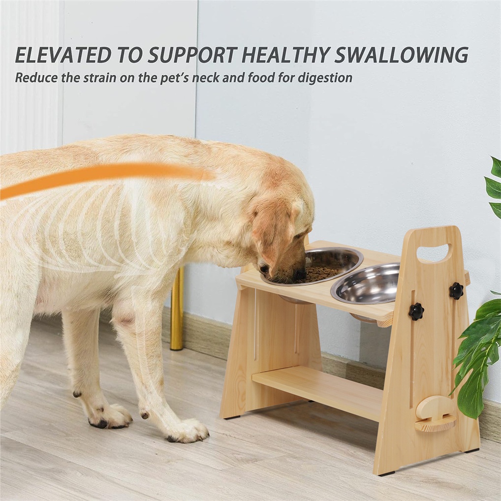 BINGOPAW ยืนยกไม้ยกระดับชามสัตว์เลี้ยงสแตนเลสคู่สำหรับสุนัขแมว Adjustable Double Pet Food Bowl Stand