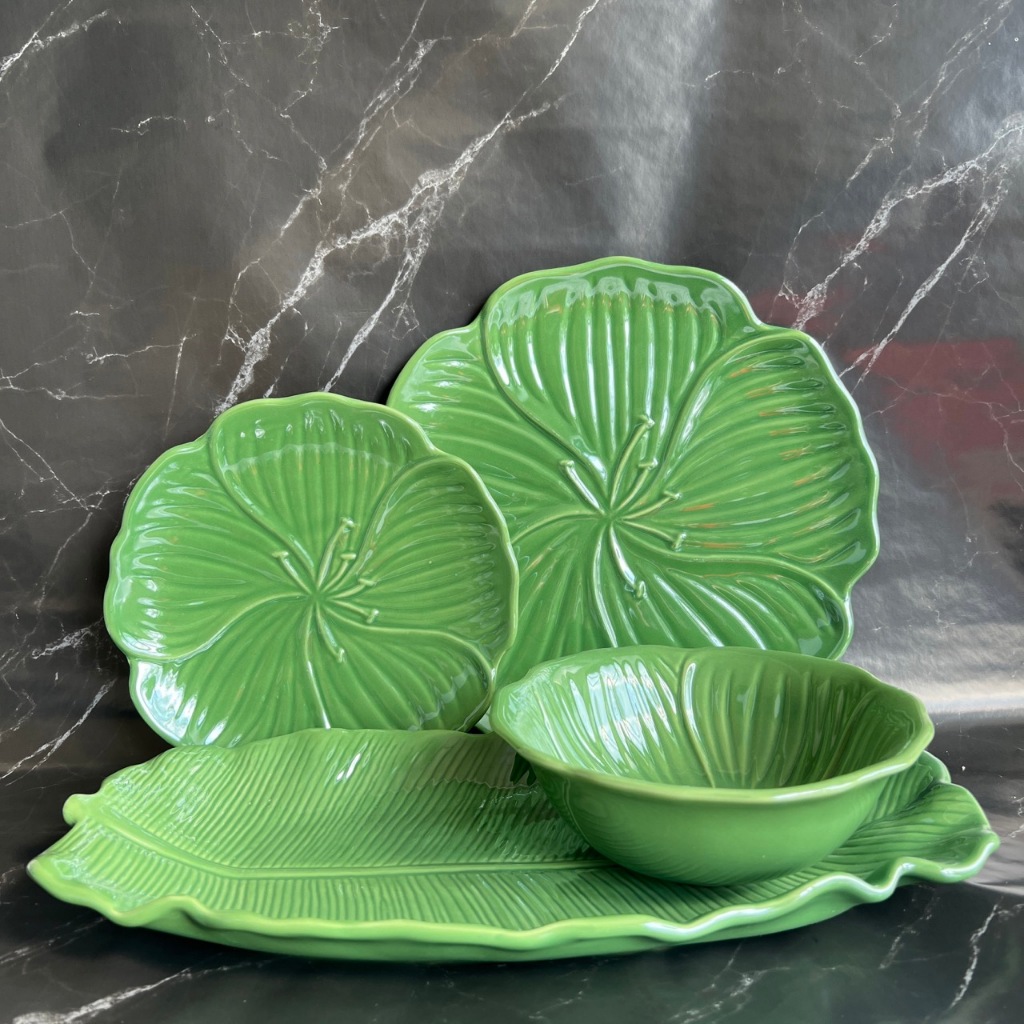 เซทจานชาม เคลือบเงา ทรงใบไม้ สีเขียวสด - AT1CERAMIC