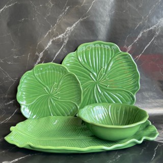 เซทจานชาม เคลือบเงา ทรงใบไม้ สีเขียวสด - AT1CERAMIC