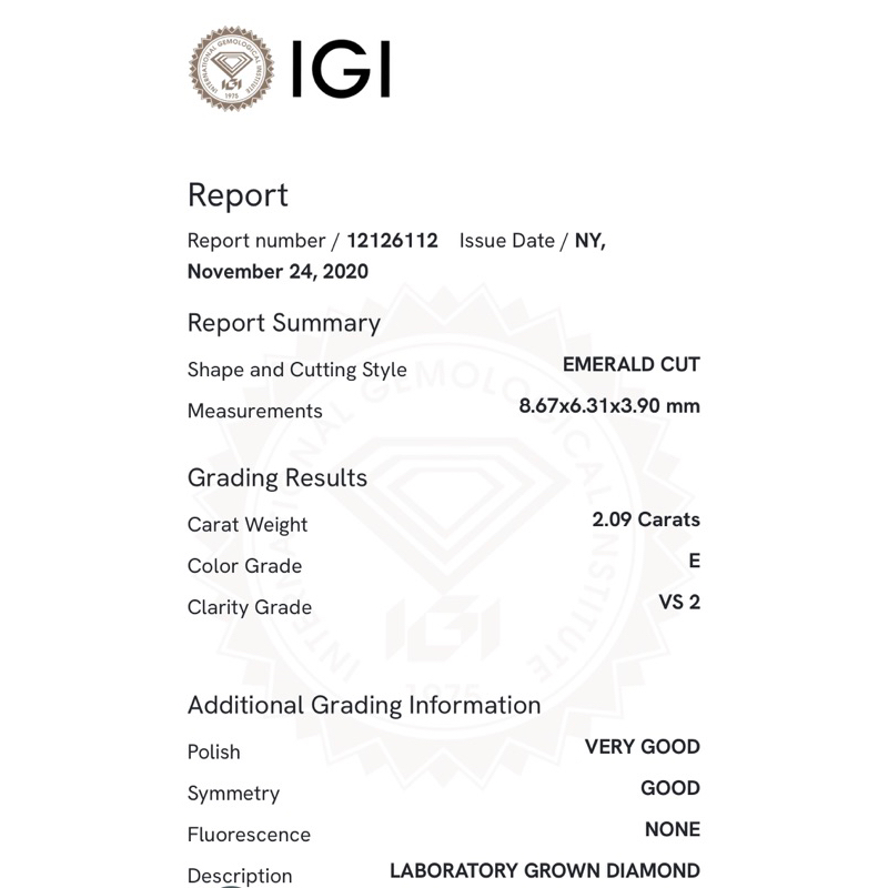 Lab Grown Diamond Emerald Cut - 2.09cts, D, VS2, Very Good, IGI Certified
