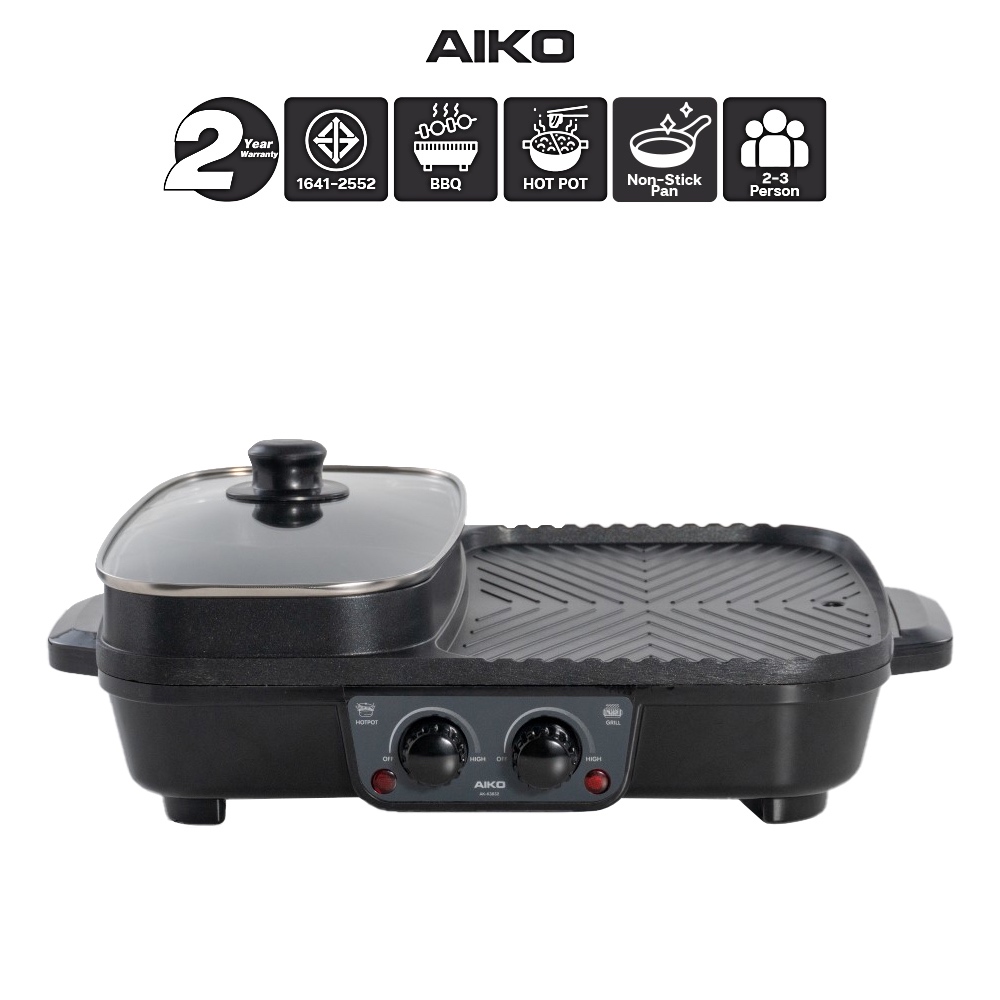 AIKO AK-K3832-BK สีดำ เตาชาบูสองช่องพร้อมกระทะปิ้งย่าง 1700W ***รับประกัน 2 ปี เตาชาบู