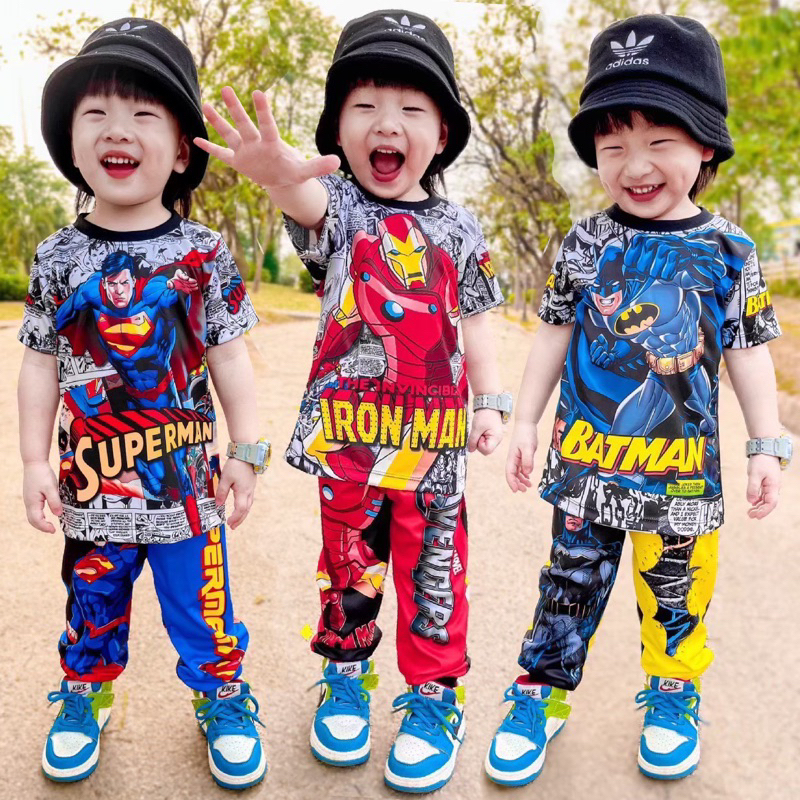 ชุดเซ็ทรุ่นไล่สี เสื้อแขนยาว+กางเกงขายาว ชุดเด็ก ลายซุปเปอร์ฮีโร่ ผ้าไมโครไฟเบอร์ ปลายขาจั๊ม
