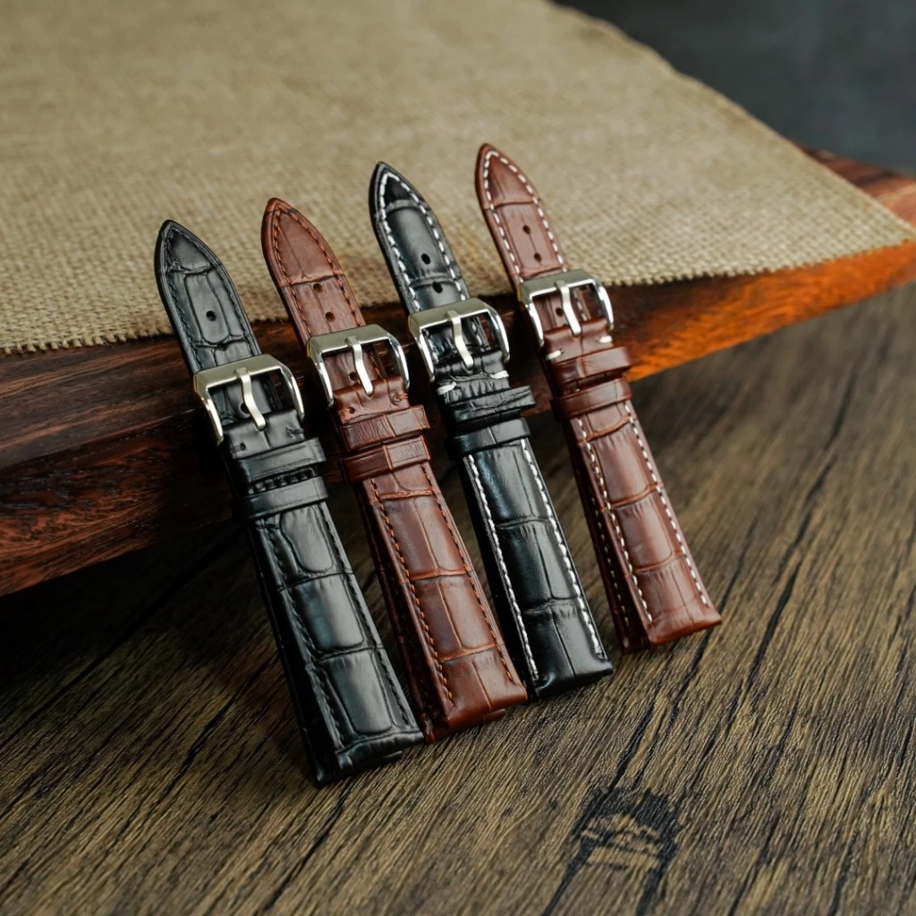 สายนาฬิกาหนังแท้ หนังวัวปั๊มลายจรเข้ Cowhide Leather Strap คุณภาพดี ลายชัด [V08]