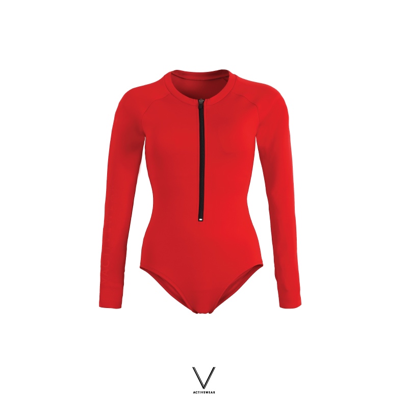 SS2024 RED UV BODYSUIT บอดี้สูทแขนยาว สี แดง ใส่ว่ายน้ำ มีฟองน้ำในตัวผ้าหนา กัน UV UPF 50+