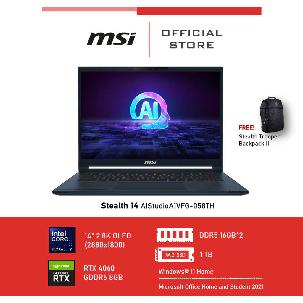 MSI Stealth 14 AIStudioA1VFG-058TH (14", DDR5 16GB*2, RTX 4060, GDDR6 8GB) Notebook, Laptop