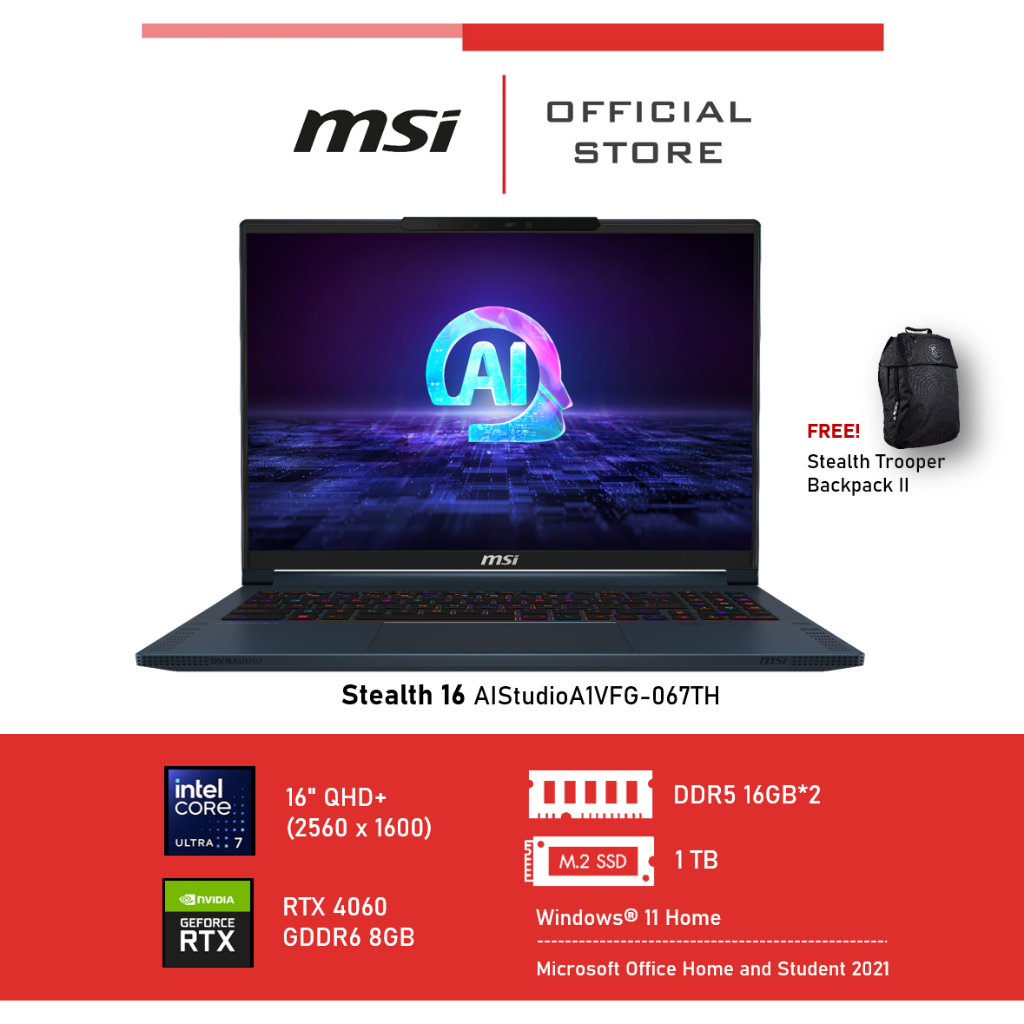 MSI Stealth 16 AIStudioA1VFG-067TH (16" ,DDR5 16GB*2,RTX 4060, GDDR6 8GB) Notebook, Laptop
