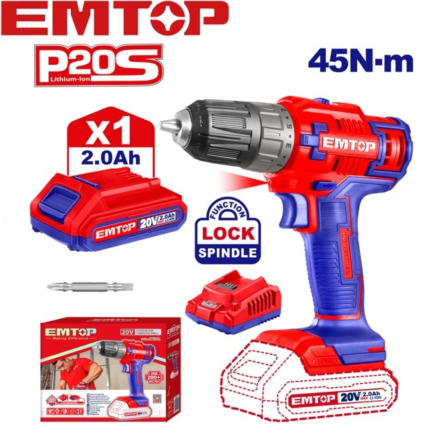 EMTOP สว่านกระแทก ไร้สาย 3/8 นิ้ว (10 มม.) 20 โวลท์ ปรับแรงบิดได้ รุ่น ECDL6200118 ( Li-ion Impact Drill )