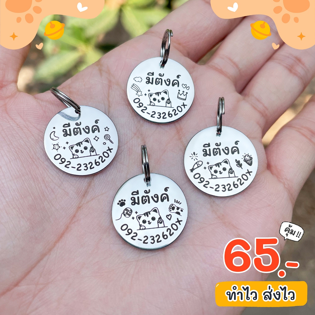 ป้ายชื่อแมว 4 ลายใหม่ ขนาด 1.- สแตนเลสน้ำหนักเบา ป้ายชื่อสัตว์เลี้ยง