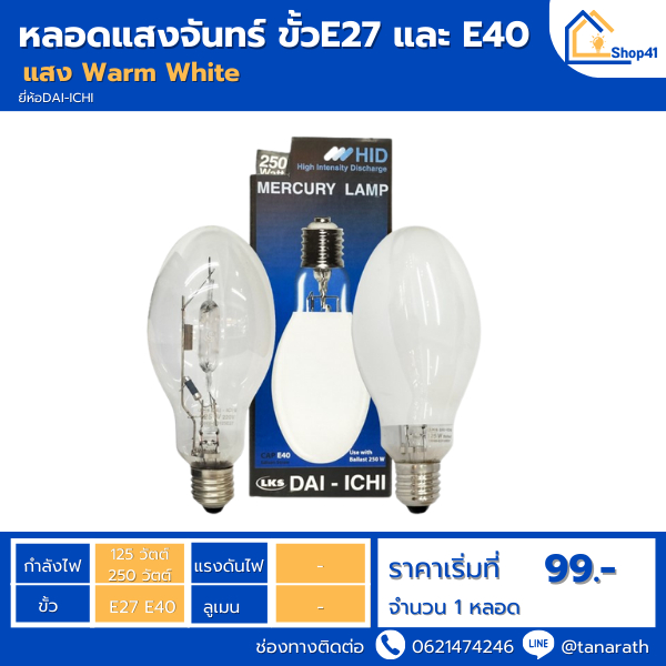 หลอดแสงจันทร์ 125W 250W ขั้ว E27 / E40 ชนิดผ่านบัลลาสต์ หลอดไฟโคมไฟถนน ยี่ห้อ DAI-ICHI (ไดอิชิ)