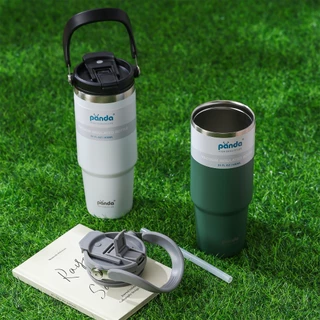 PANDA(ของแท้) แก้วเก็บความเย็น ฝา2หัว 900ML รุ่นมีหูหิ้วมีหลอด เย็น 304 เก็บความร้อน สแตนเลส พร้อมหลอด พร้อมส่งจากไทย
