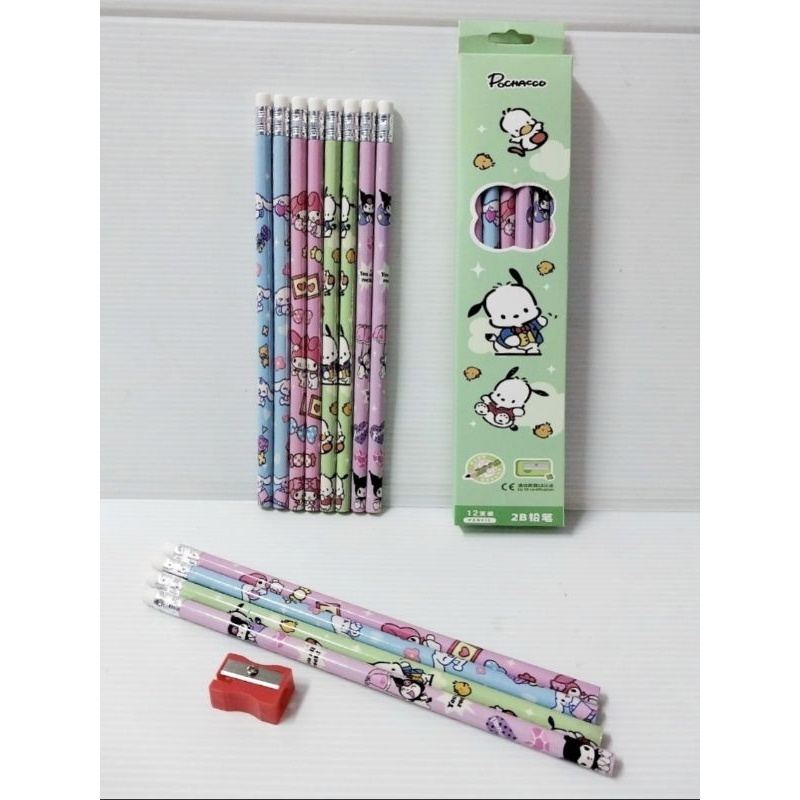 ดินสอไม้ 2B (12แท่ง) + กบเหลาดินสอ ลายการ์ตูน คุโรมิ มายเมโลดี้ ชินนาม่อนโรล โปชาโกะ