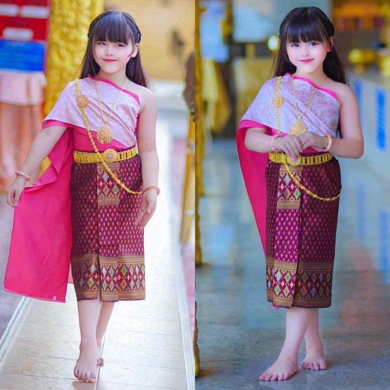 (nid) ชุดไทยสไบ+ผ้าถุงหน้านาง ชุดไทยเด็ก