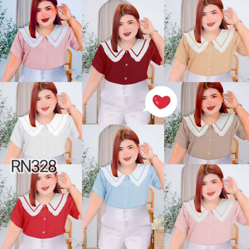 RN328.เสื้อสาวอวบผ้าครัชสีพื้น ปกขาวระบายแต่งกุ้น