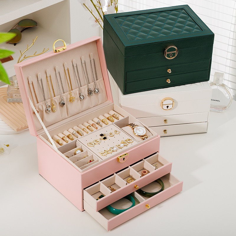 *พร้อมส่ง*กล่องใส่เครื่องประดับ（PUหนังคลาสสิก+ซับในผ้าฟลอคอิง）3ชั้น ลิ้นชัก2ชั้น มัลติฟังก์ชั่น จุขนาดใหญ่ มีตัวล็อก