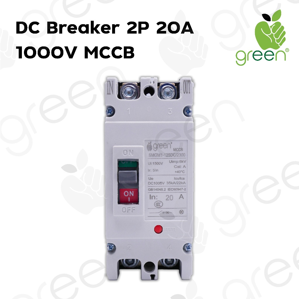 AppleGreen เบรคเกอร์ไฟฟ้ากระแสตรง สำหรับงานโซลาร์เซลล์ แบตเตอรี่ MCCB DC Circuit Breaker 2 Pole 1000V 20A