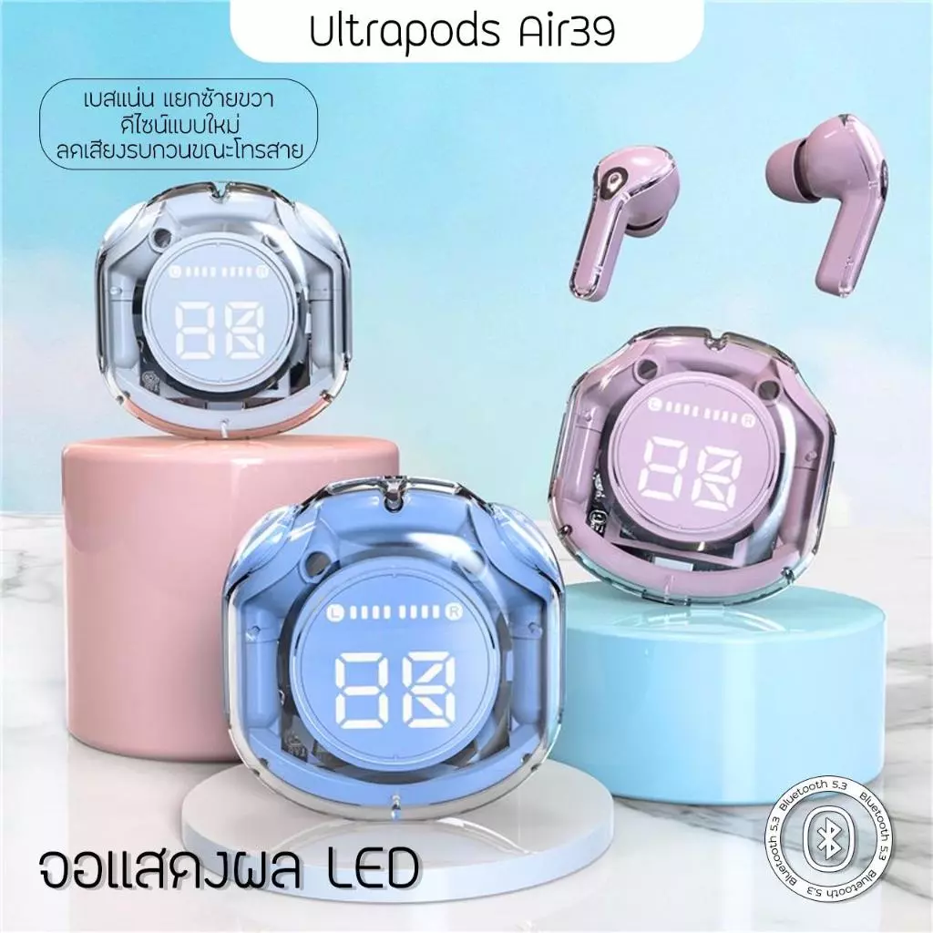 TWS HK-6 หูฟังไร้สาย บลูทูธ 5.3 จอแสดงผล LED พร้อมเคสชาร์จไร้สาย ควบคุมแบบสัมผัส ไมโครโฟนในตัว สีคริสตัลใส หูฟังกีฬา