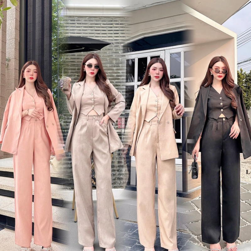 M9 งานป้าย Lalabelle Set ชุดเซ็ตสูทแขนยาวเสื้อกั๊กกางเกงขายาว สำหรับผู้หญิง เสื้อผ้าแฟชั่นผู้หญิง ไซส์ S-XL