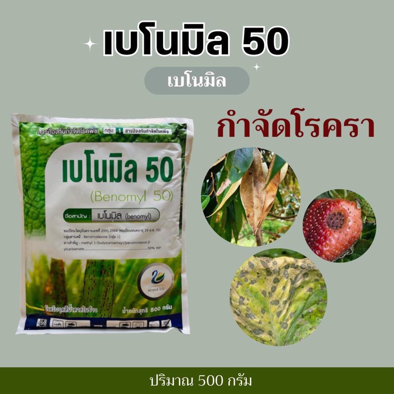 เบโนมิล 50 ป้องกันและกำจัดเชื้อราพืช โรคเน่าคอดิน ราดำ ราแป้ง -500 กรัม