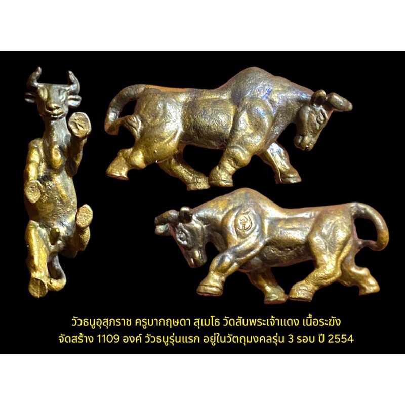 วัวธนูอุสุภราช ครูบากฤษดา สุเมโธ วัดสันพระเจ้าแดง เนื้อระฆัง จัดสร้าง 1,108 องค์ วัวธนูรุ่นแรก  ปี 2554