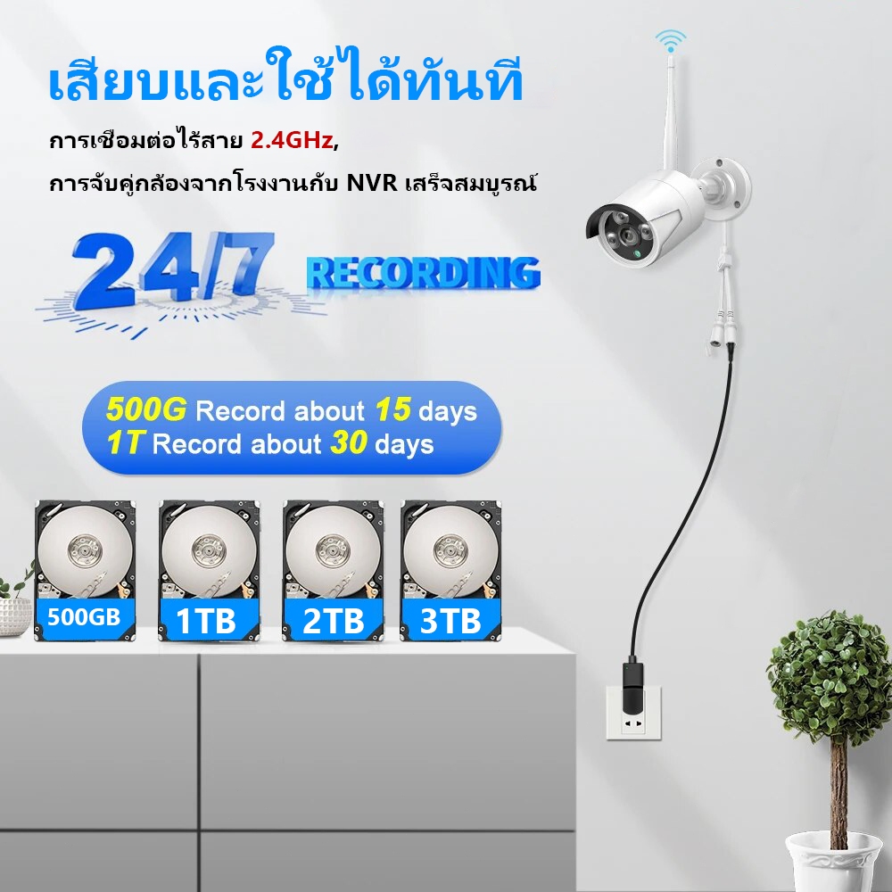 ชุดกล้องวงจรปิด ไร้สาย HD 4MP 1080P บันทึกเสียง กล้องวงจรปิด wifi wireless kit 4/8CH กลางคืนภาพสี แถมอุปกรณ์ ราคาถูก