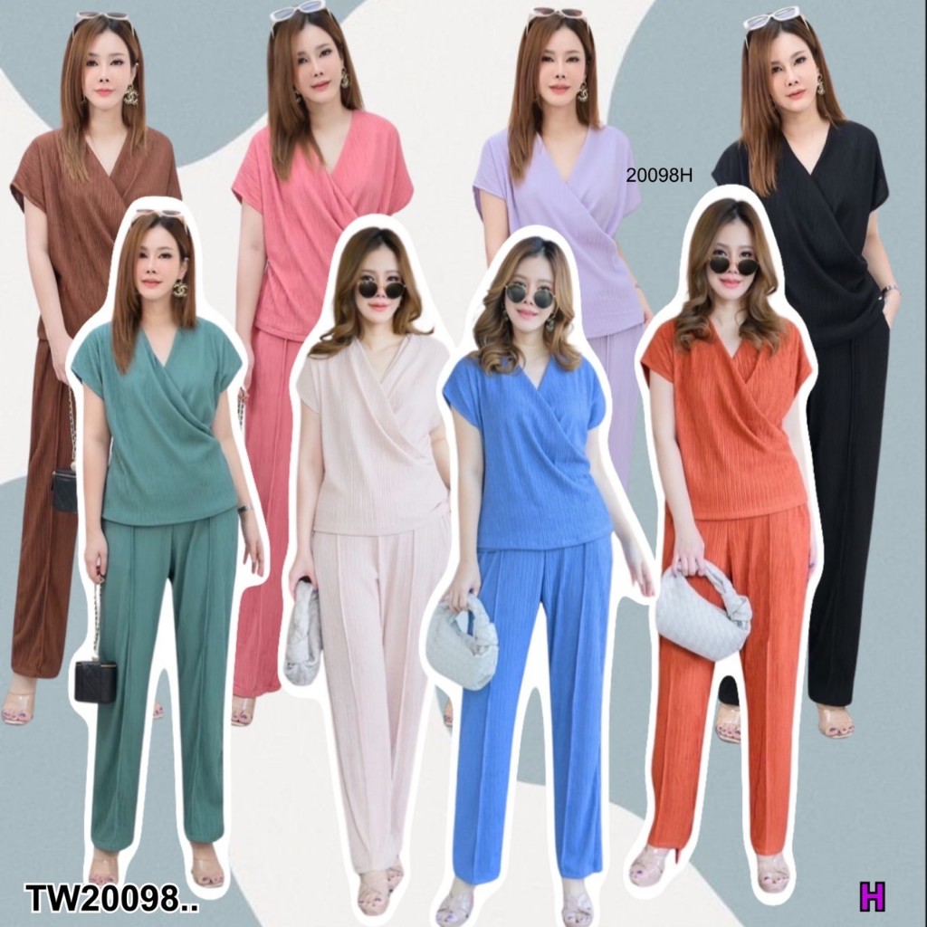 TwinsShopVip พร้อมส่ง TW20098 Set 2 ชิ้น #สาวอวบ เซทเสื้ออกไขว้ คอถ่วง + กางเกงขายาว ..