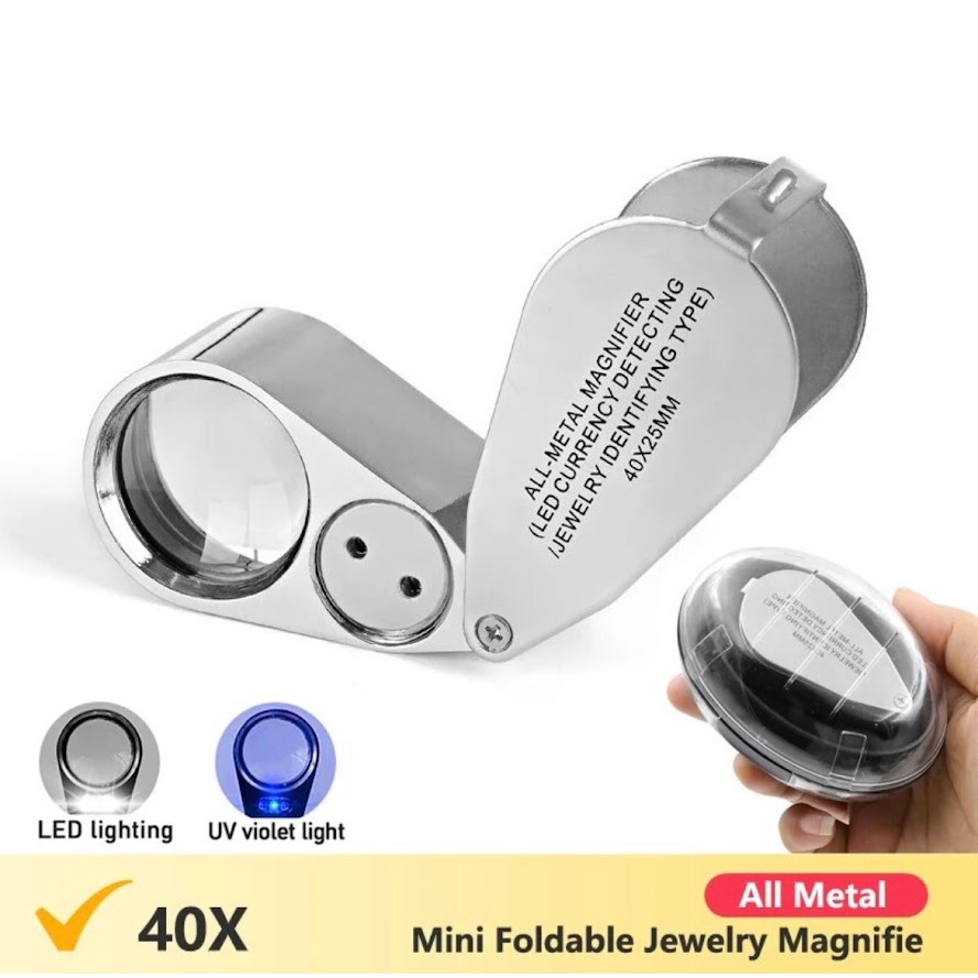 แว่นขยายส่องเครื่องประดับแบบพกพาขนาด40x25มม. พร้อมไฟ LED UV สำหรับนาฬิกาตรายางอัญมณีแบบพับได้ทำจากโลหะทั้งชิ้น
