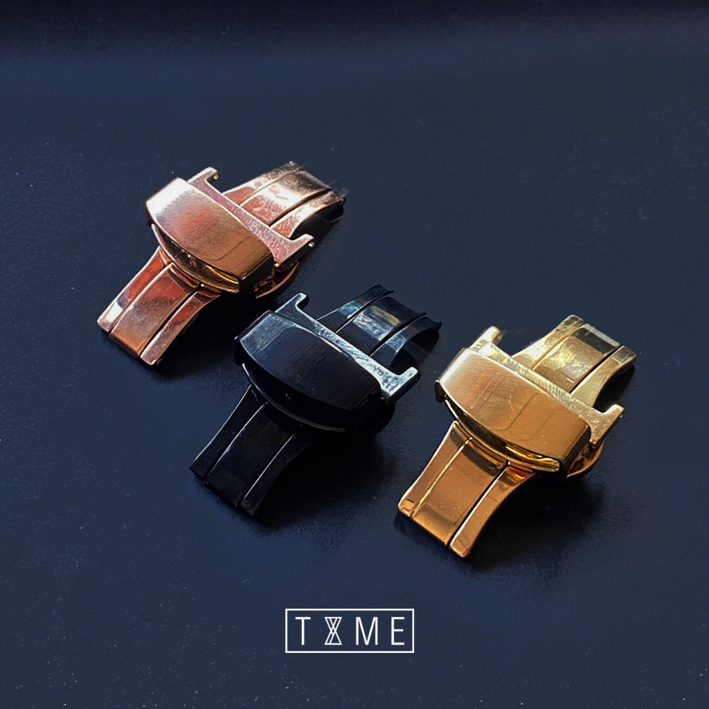 บัคเคิล Butterfly ฺBuckle deployment claspบัคเคิลสายนาฬิกาแบบบานพับ ปุ่มกดเพื่อปลด สีเงินเงา ทอง Rosegold ดำ 18,20,22 มม