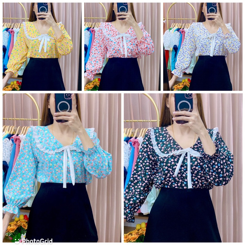 แฟชั่นเสื้อคอบัว แต่งขอบปกลูกไม้ เเขนยาว ลายดอก สีหวาน