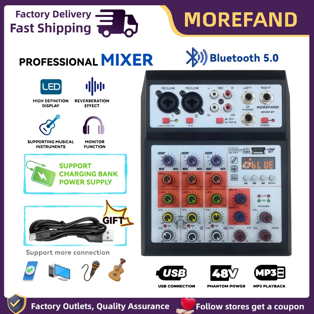 R403 เครื่องผสมสัญญาณเสียงระดับมืออาชีพ 4 ช่อง 48V Phantom Power อินเทอร์เฟซ USB Bluetooth Home Live