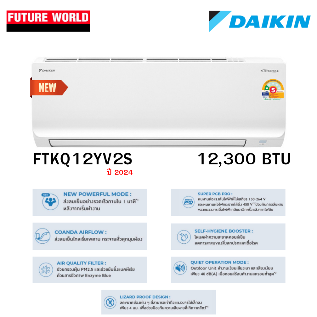 แอร์ผนัง DAIKIN รุ่นล่าสุด 2024 รุ่น FTKQ12YV2S ขนาดบีทียู 12,300 บีทียู อินเวอร์เตอร์ (ราคาไม่รวมติ