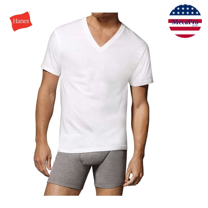 Hanes® Men's ComfortSoft V-Neck Undershirts Tagless เสื้อยืดคอวี  ผ้าฝ้าย ใส่สบาย ไม่มีป้าย