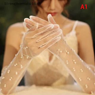 ถุงมือผ้าโปร่งสีขาวประดับด้วยไข่มุกสีขาว สำหรับเจ้าสาว พร้อมส่ง
