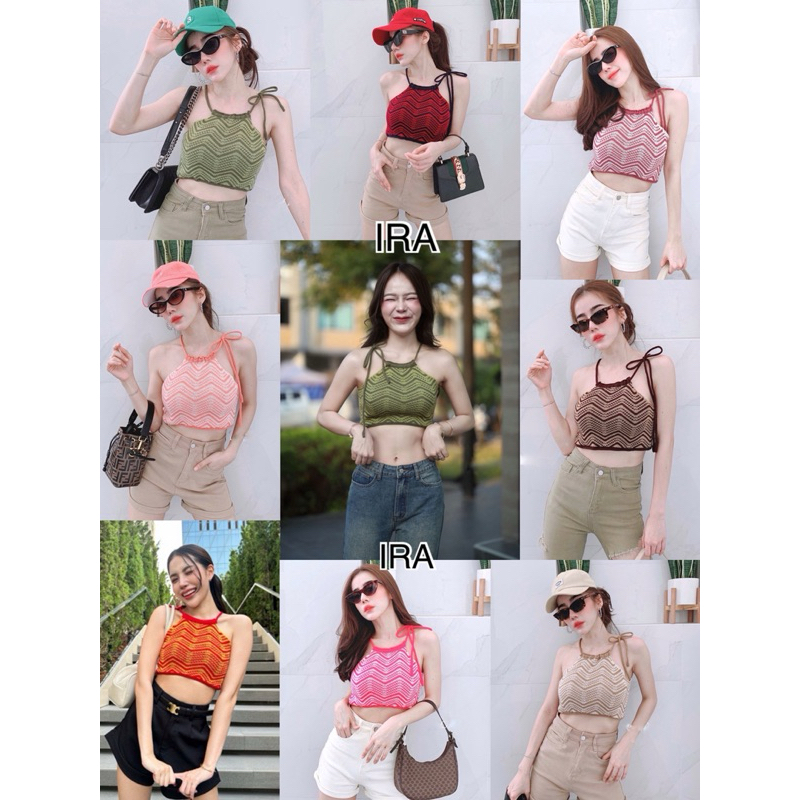 By IRa Kiwi Tank Top ครอปท็อป สายเดี่ยวไหมพรม ลายซิกแซก!!!! สวยมากแม่ เนื้อไหมพรมแน่นๆ สายเดี่ยว (Made by heart)