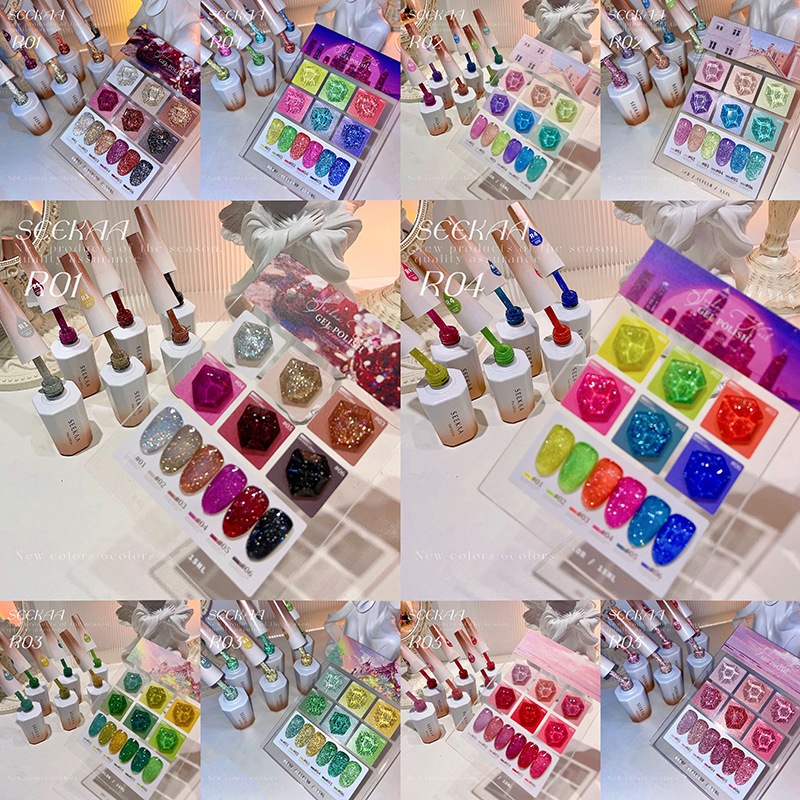 สีเจลทาเล็บ SEEKAA 6 สี สีกากเพชรแฟลช รหัส R ฟรีชาร์ทสำเร็จรูป