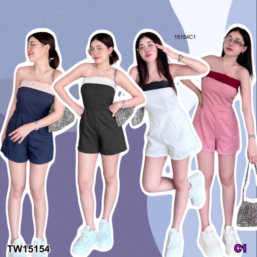 TwinsShopVip พร้อมส่ง TW15154 จั้มสูทเกาะอกขาสั้น