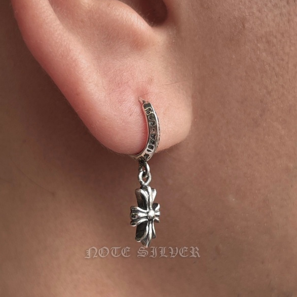 ต่างหูเงินแท้แบบห่วงสลักอักษร ห้อยกางเขน Hoop Earrings Cross Sterling Silver 925 NSSV3278