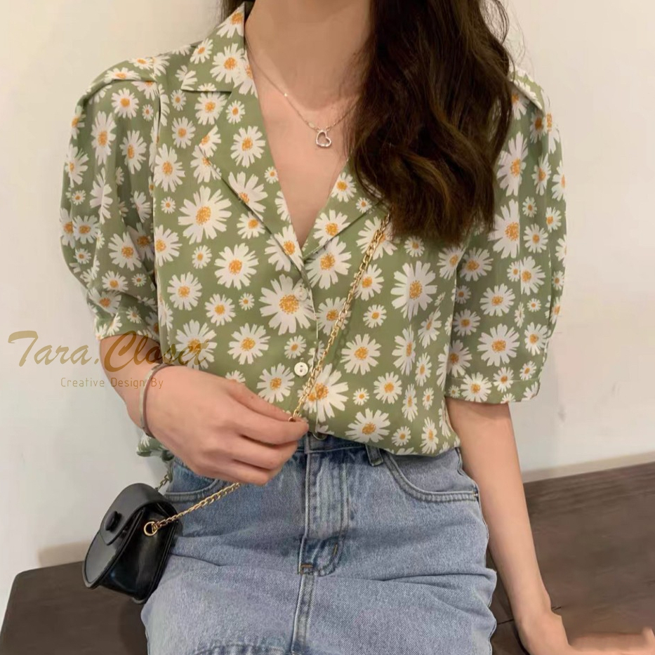 IT089 TARA Hawaii เสื้อฮาวาย แขนสั้น แขนตุ๊กตา พิมพ์ลายดอกเดซี่ สไตล์เกาหลี ผ้าไหมอิตาลี อย่างดี ไม่หนามาก ผ้าใส่สบาย
