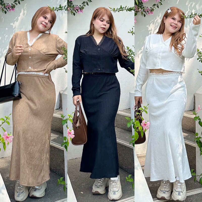 ชุดเซท2ชิ้นเสื้อแขนยาว&กระโปรงยาวลายน้ำ สาวอวบไซส์ใหญ่ (มีไซส์อก38-50)