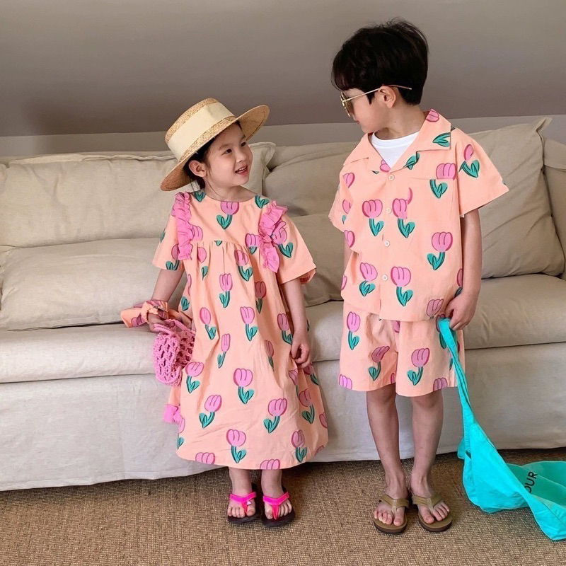 พร้อมส่ง ชุดคู่พี่น้อง สีชมพูลายทิวลิป ใส่คู่กันน่ารักมาก #ชุดลูกสาว #ชุดลูกชาย ชุดลูกชายเผื่อ1-2ไซส์ด้วยนะคะ