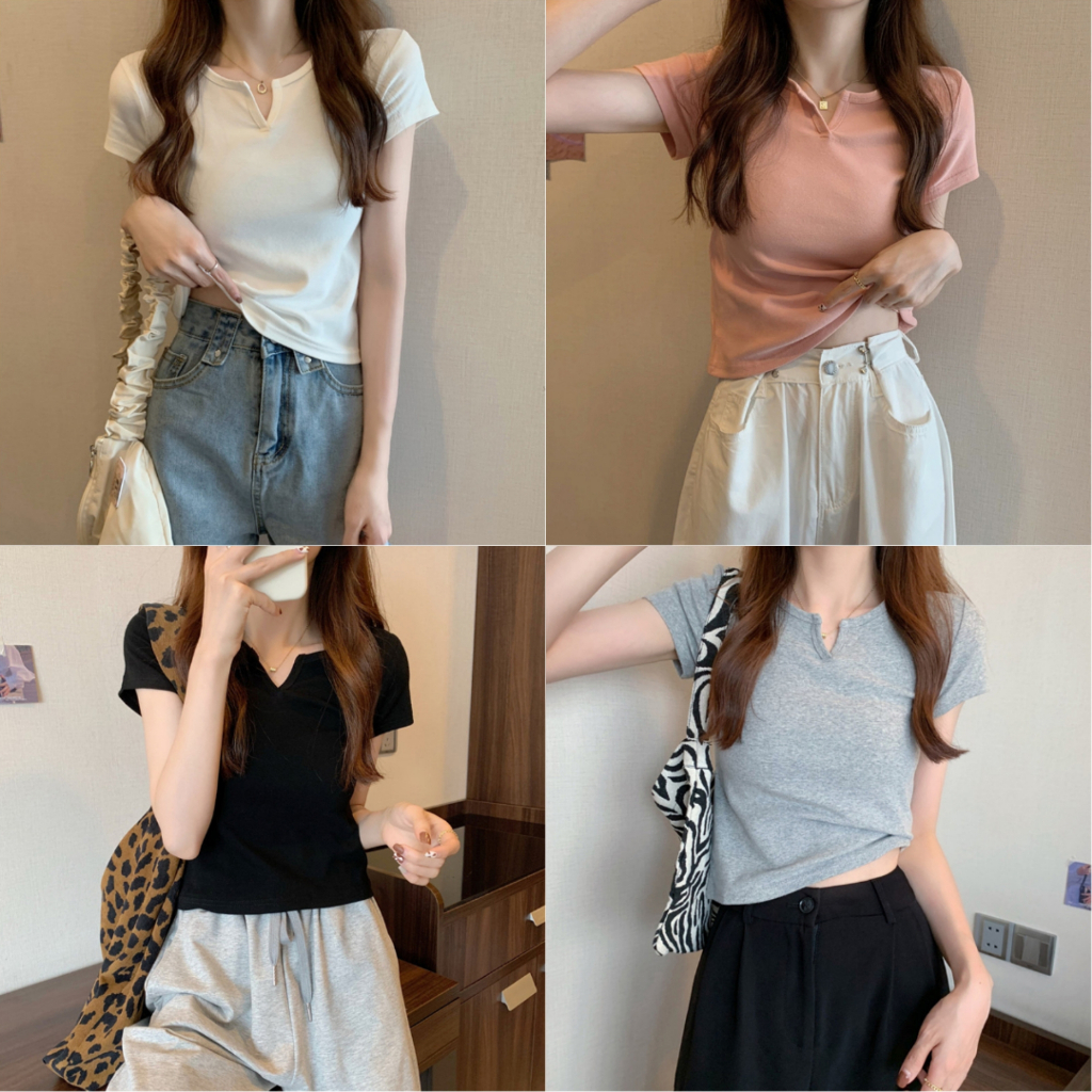 เสื้อยืดผู้หญิง แขนสั้นคอวีสีทึบ ผ้าสวมใส่สบายและระบายอากาศได้ดี