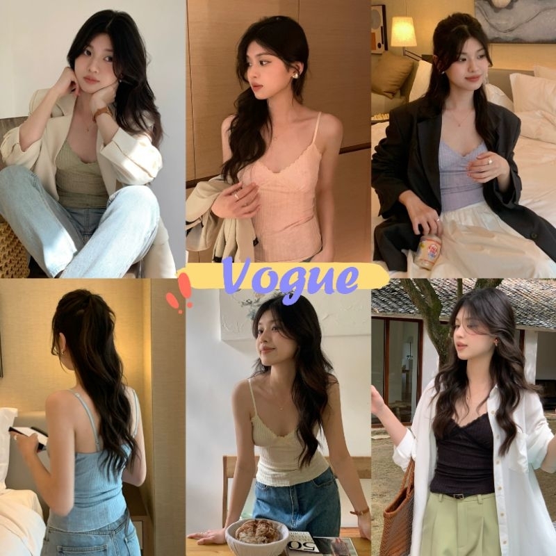 Vogue🌟พร้อมส่ง🌟เสื้อครอปสายเดี่ยว มีฟองน้ำ ผ้าพริ้ว ใส่สบาย ดีเทลแต่งลูกไม้ (FY6833) -H