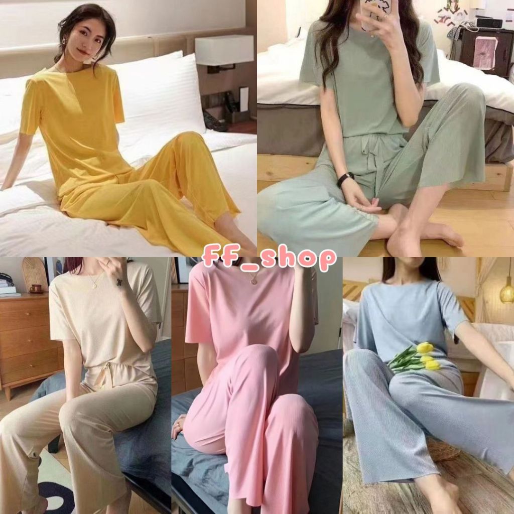 🛒FF.shop🛒 ✨ชุดเซ็ต Freesize✨ ผ่าร่องเสื้อแขนสั้น+กางเกงขายาว เนื้อผ้าใส่สบายมาก ใส่แล้วดูสูงขึ้น พร้อมส่ง4สี ✨#6004