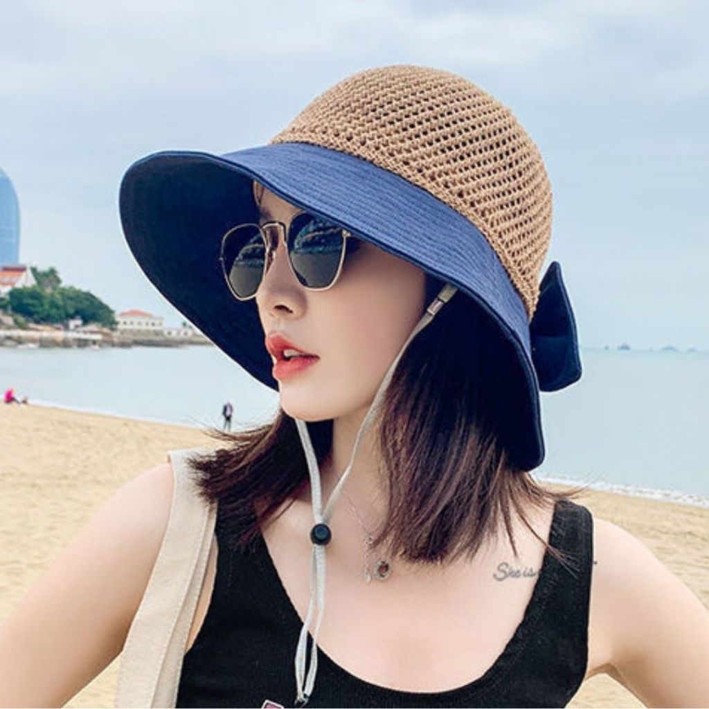 หมวกบักเก็ต หมวกสาน ขอบผ้าฝ้าย พร้อมสายคล้องคอแบบเย็บติด ระบายอากาศได้ดี ไม่อบศรีษะ