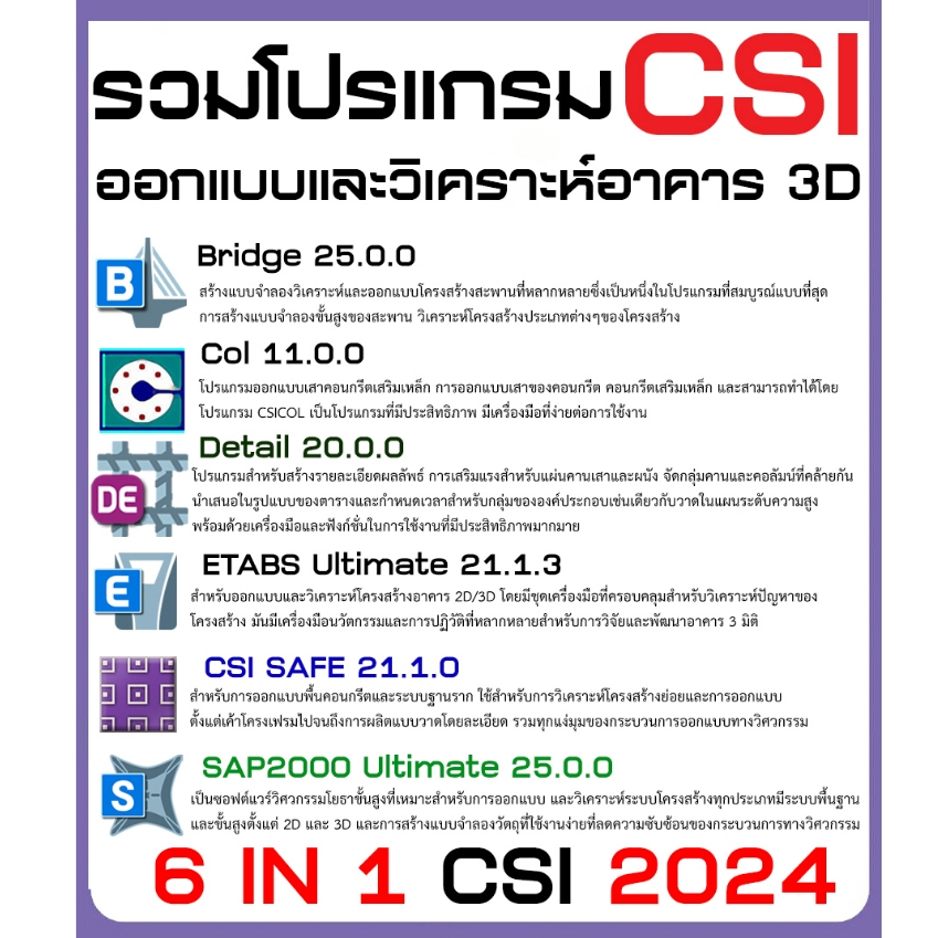 รวมโปรแกรม CSI 6 IN 1  โปรแกรมวิศวกรรมออกแบบโครงสร้าง ออกแบบและวิเคราะห์อาคาร 3D  (C030)